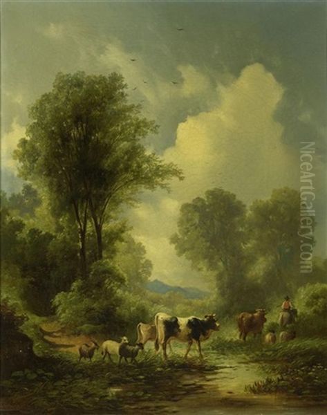 Hirte Mit Seinen Tieren An Einem Fluss Oil Painting by Karl Schweninger the Elder