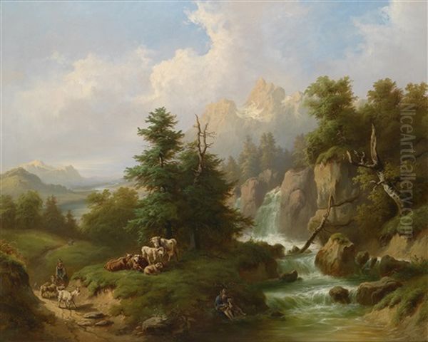 Hirten Bei Der Rast In Weiter Gebirgslandschaft Oil Painting by Karl Schweninger the Elder