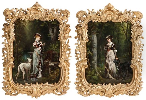 Jeune Dame Noble Et Chien Au Parc (2 Works) Oil Painting by Karl Schweninger the Younger