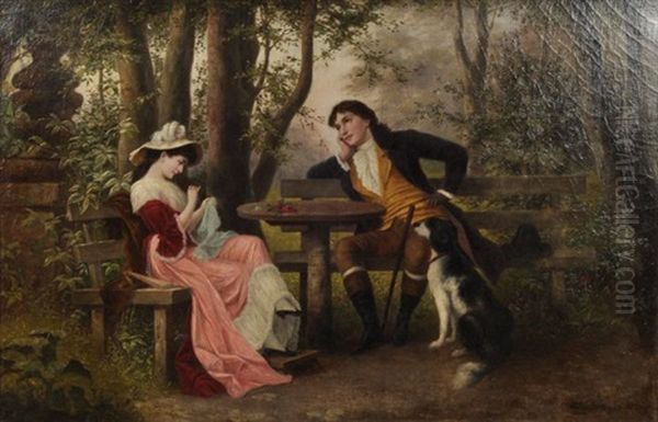 Paar Im Park: Wahrend Sie In Eine Handarbeit Vertieft Ist, Schweifen Seine Gedanken Ab... Oil Painting by Karl Schweninger the Younger