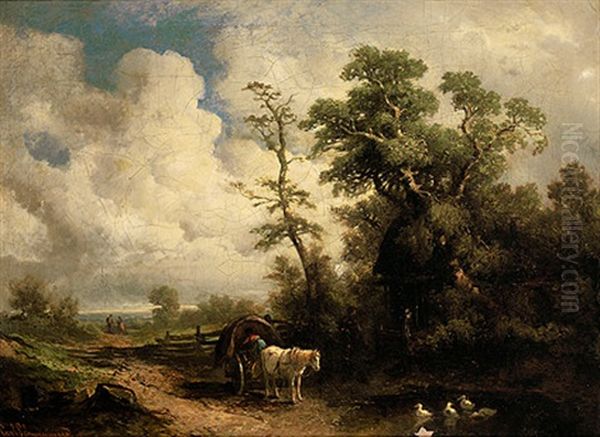 Spatsommerliche Landschaft Mit Landlichem Anwesen; Im Vordergrund Figurenstaffage Und Pferdewagen Oil Painting by Karl Schweninger the Younger