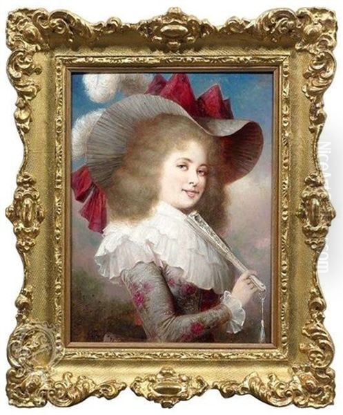 Bildnis Einer Jungen Dame Mit Facher Oil Painting by Karl Schweninger the Younger