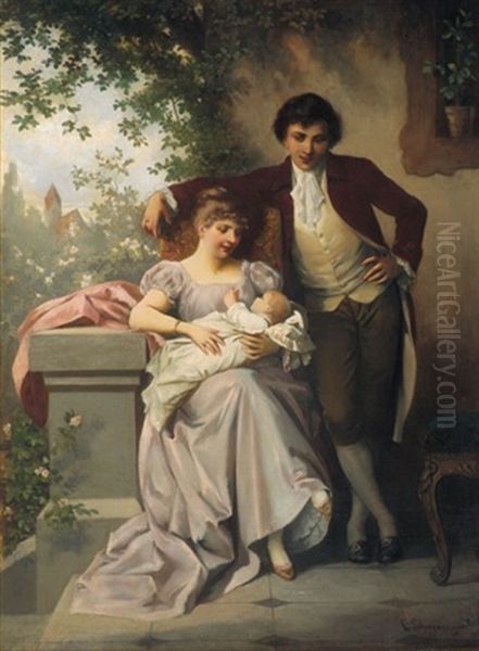 Muttergluck - Ein Junges Ehepaar Mit Einem Neugeboreren Auf Der Terrasse Oil Painting by Karl Schweninger the Younger