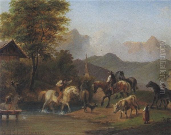 Pferde Am Bachufer Oil Painting by Karl Schweninger the Younger