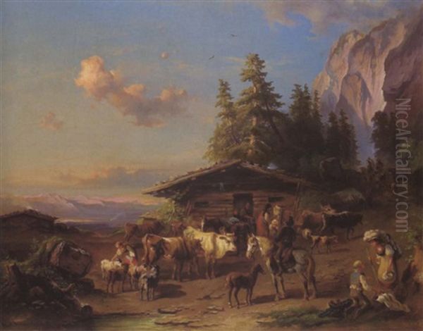 Reges Teiben Vor Der Almhutte Oil Painting by Karl Schweninger the Younger