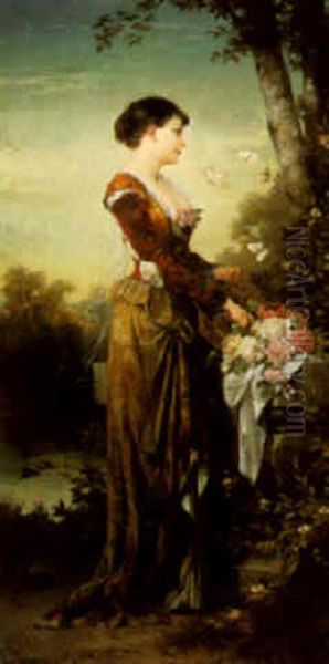 A Lady With Butterflies Oil Painting by Karl Schweninger the Younger