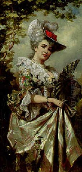 An Elegant Lady With A Fan Oil Painting by Karl Schweninger the Younger