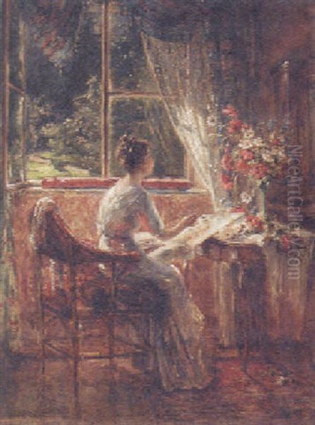 An Artist Painting Before An Open Window Oil Painting by Rosa Schweninger