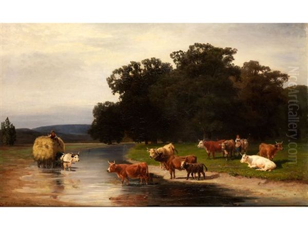 Kuhe Am Fluss Mit Bauerinnen Und Heuwagen Oil Painting by Amelie Ulrika Sofia von Schwerin