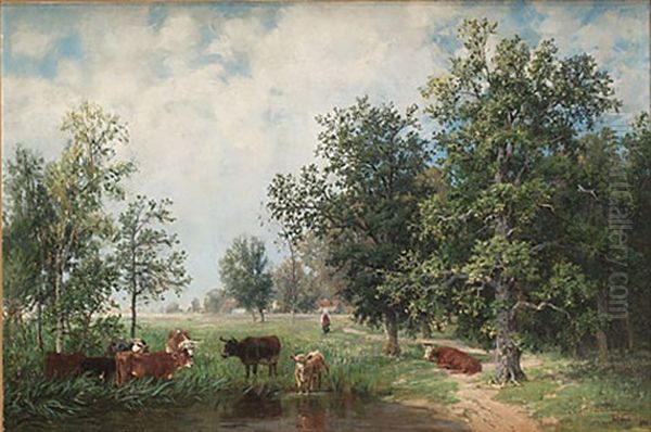 Pastoralt Landskap Med Betande Kor Oil Painting by Amelie Ulrika Sofia von Schwerin