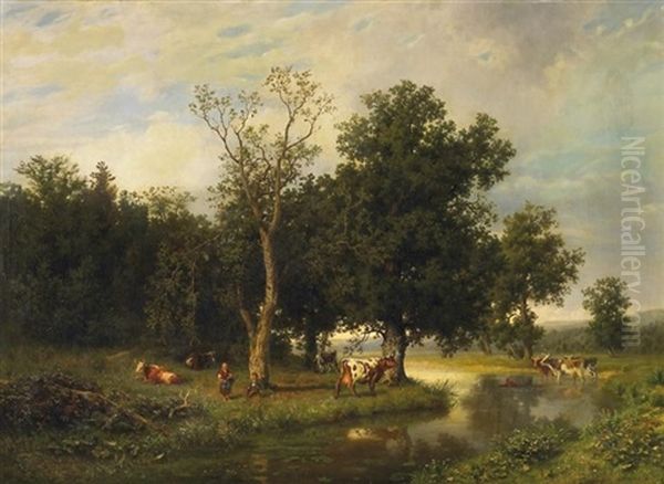 Flusslandschaft Mit Kuhen Und Hirtenpaar Oil Painting by Amelie Ulrika Sofia von Schwerin