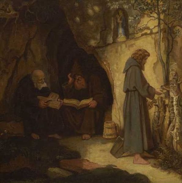 Die Drei Einsiedler Vor Ihrer Hohle Bei Der Lekture Und Beim Futtern Eines Rehes Oil Painting by Moritz von Schwind