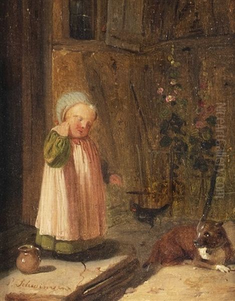 Child With Dog Oil Painting by Peter Schwingen