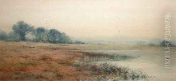 Open River Landscape With Sheep Grazing In Distance Oil Painting by Creswick Boydell