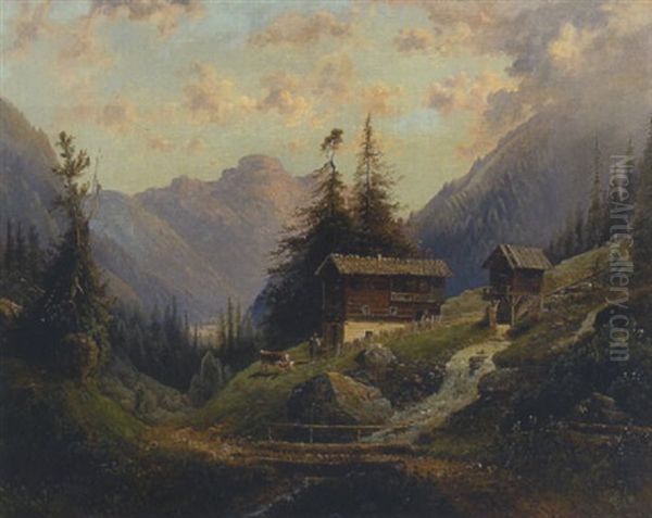 Bergbauernhof Am Gebirgsbach Oil Painting by Louis Sckell