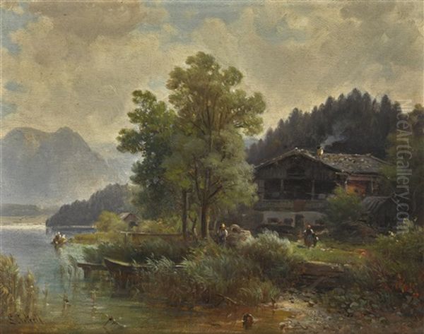 Mountain Landscape With A Lake Oil Painting by Ludwig Sckell