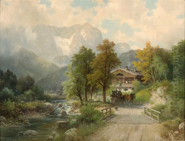 Tiroler Gebirgslandschaft Mit Gehoft An Einem Wildbach Oil Painting by Ludwig Sckell