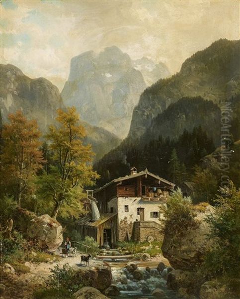 A Mill Near Worgl, Tyrol Oil Painting by Ludwig Sckell