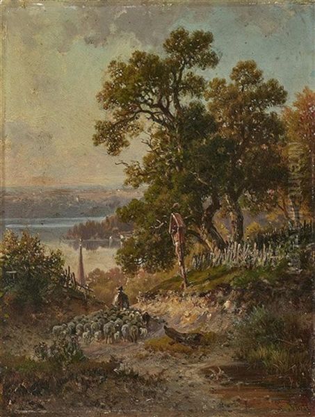 Shepherd At Lake Starnberg Oil Painting by Ludwig Sckell