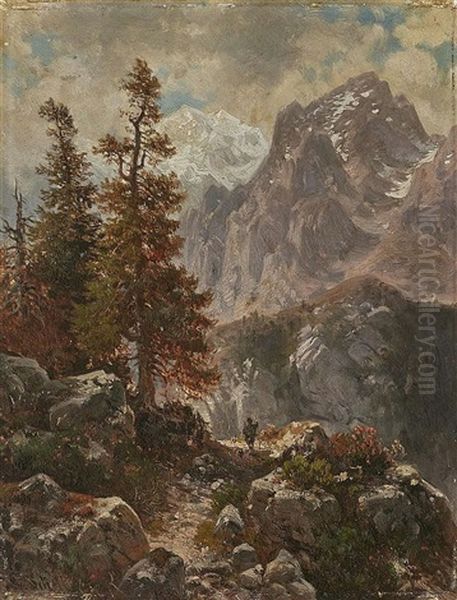 Mountaneous Landscape With A Wanderer Oil Painting by Ludwig Sckell