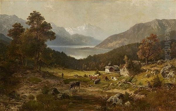 A View Of A Mountain Lake Oil Painting by Ludwig Sckell