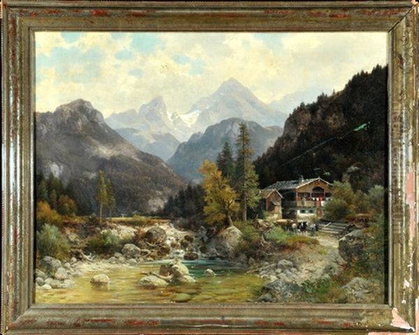 Bauernhof Am Fluss Mit Blick Auf Den Watzmann Oil Painting by Ludwig Sckell