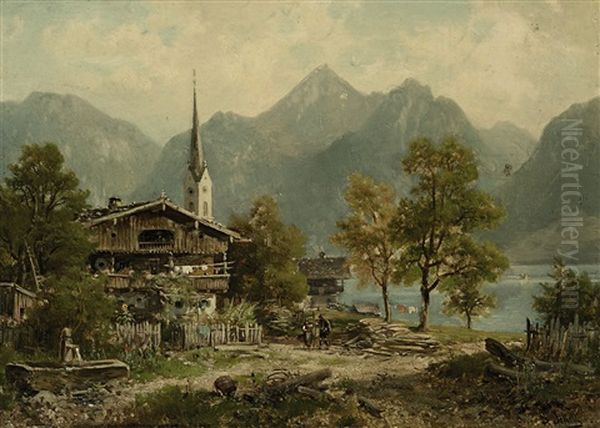 Bauernhauser Am Ufer Eines Oberbayerischen Sees Oil Painting by Ludwig Sckell