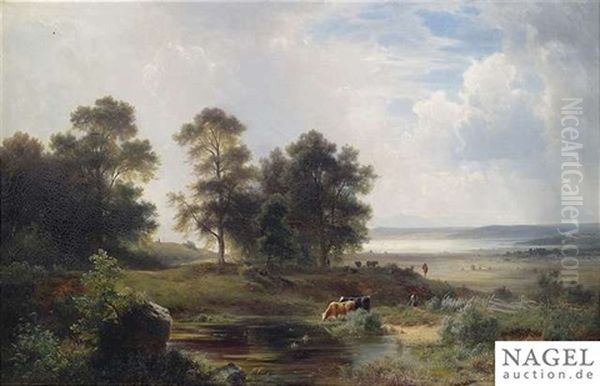 Extensive Landscape In The Bavarian Foothills With Cows At Waters Oil Painting by Ludwig Sckell