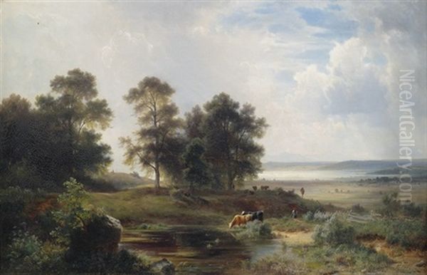 Weite Voralpenlandschaft Mit Kuhen An Einem Gewasser Oil Painting by Ludwig Sckell