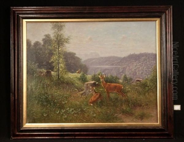 Rehrudel Auf Lichtung Oil Painting by Ludwig Sckell