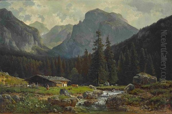 Almhutte In Gebirgslandschaft Oil Painting by Ludwig Sckell