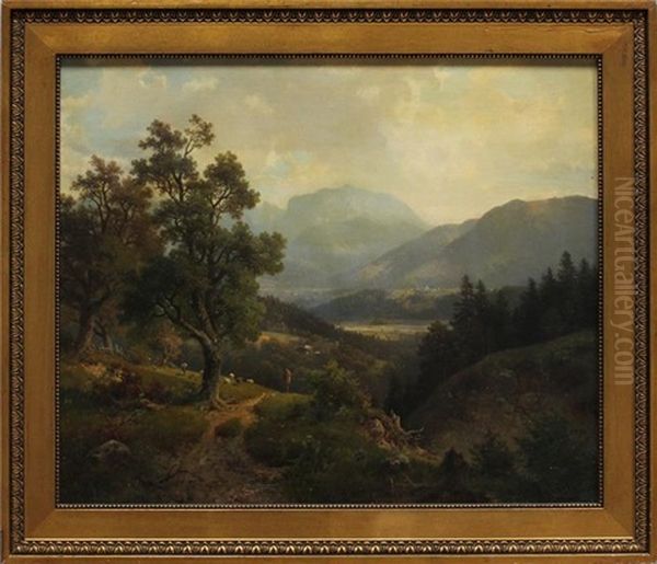 Bayrische Landschaft Mit Blick In Talsohle (wohl Kochelsee), Im Vordergrund Auf Anhohe Schafer Mit Herde Oil Painting by Ludwig Sckell