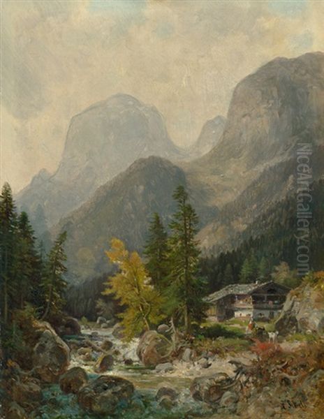 Auf Dem Weg Nach Hintersee (wildbach Im Berchtesgadener Land) Oil Painting by Ludwig Sckell