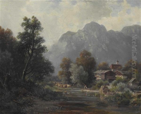 Unterau Bei Schlehdorf Oil Painting by Ludwig Sckell