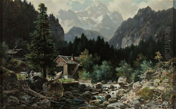 Oberbayerische Gebirgslandschaft Mit Bachlauf Und Alter Sagemuhle. Weiter Blick Auf Ferne Gipfel Oil Painting by Ludwig Sckell