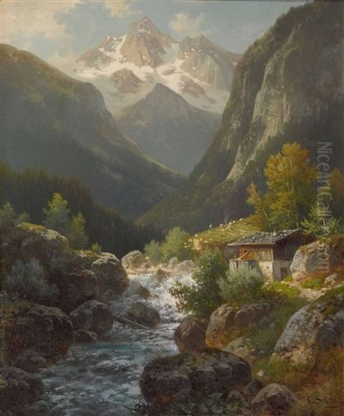 Muhle In Der Ramsau Mit Dem Watzmann Oil Painting by Ludwig Sckell