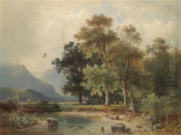 Alpenlandschaft Mit Weidenden Kuhen Am See Oil Painting by Ludwig Sckell