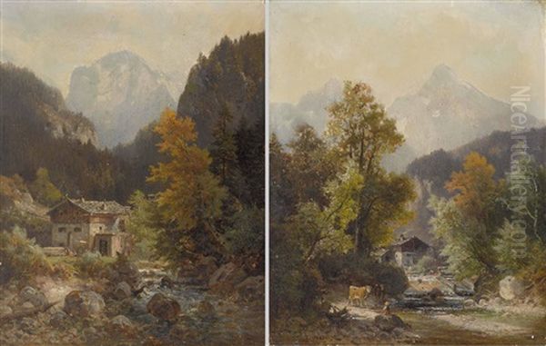 Muhlen Am Gebirgsbach (2 Works) Oil Painting by Ludwig Sckell