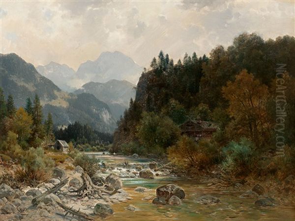 Wildwasser Im Gebirge Mit Malerischem Gehoft, Figurenstaffage Und Aufragendem Massiv Oil Painting by Ludwig Sckell