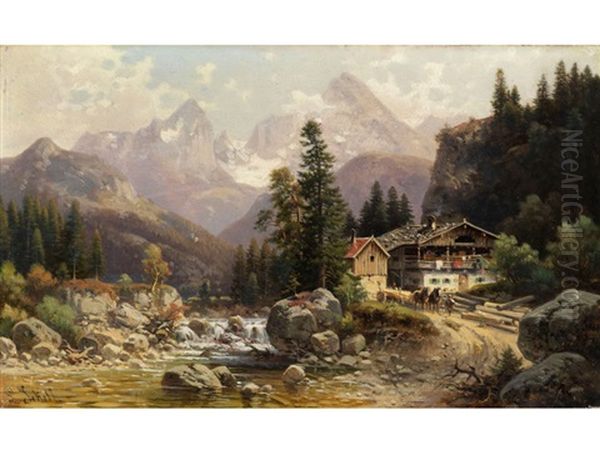 Alpenlandschaft Mit Muhlengebaude An Einem Gebirgsbachlauf Oil Painting by Ludwig Sckell