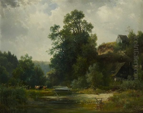 Flusslandschaft Mit Bauernhausern Oil Painting by Ludwig Sckell