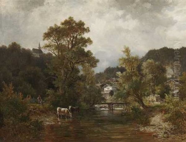 Hirtin Mit Kuhen Am Dorfbach In Voralpenlandschaft Oil Painting by Ludwig Sckell