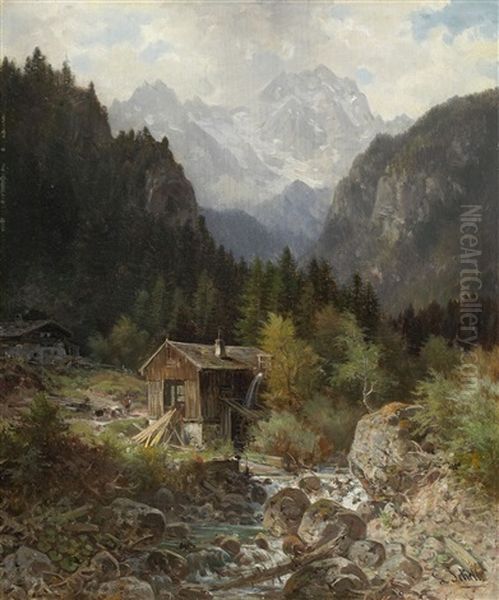 Gebirgslandschaft Mit Bach Und Wassermuhle Oil Painting by Ludwig Sckell