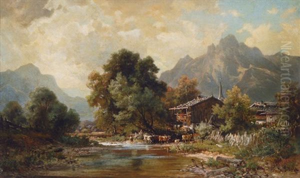 A Shepherd In The Alps Oil Painting by Ludwig Sckell