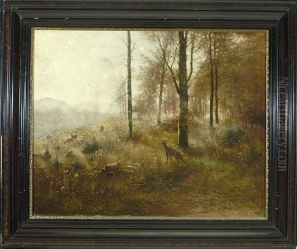 Hirsche Im Buchenschlag An Der Isar Bei Bad Tolz Oil Painting by Ludwig Sckell