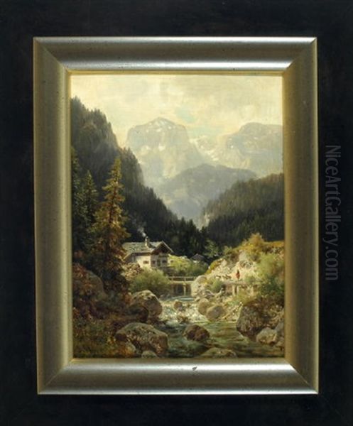 Partie Bei Berchtesgaden - Bauerin Mit Ziegen An Einem Gebirgsbach Mit Hutte Oil Painting by Ludwig Sckell