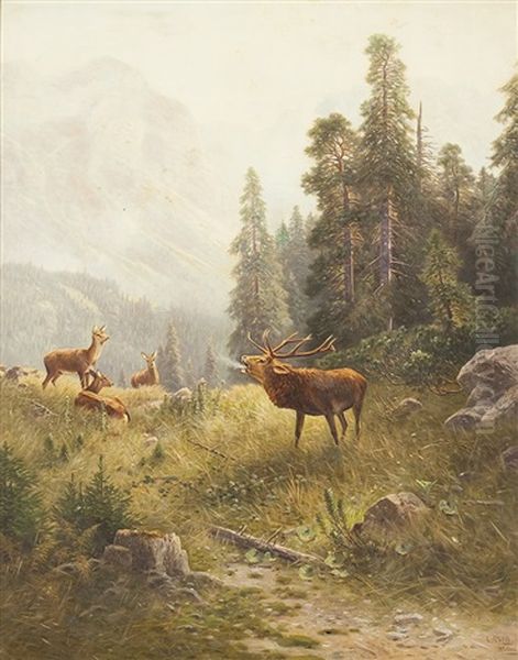 Gebirgslandschaft Mit Hirsch In Der Brunft Oil Painting by Ludwig Sckell