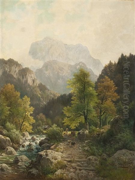 Gebirgslandschaft Mit Weidevieh Auf Einem Weg Am Fluss Oil Painting by Ludwig Sckell