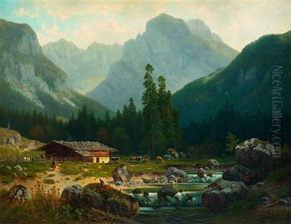 Alm Mit Wildbach Vor Bergkulisse Oil Painting by Ludwig Sckell