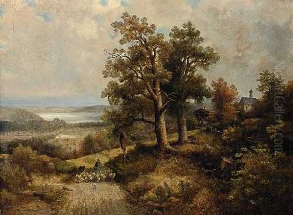 Hirte Mit Seiner Schafherde Beim Marterl Am Weg Oil Painting by Ludwig Sckell